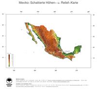 #3 Landkarte Mexiko: farbkodierte Topographie, schattiertes Relief, Staatsgrenzen und Hauptstadt
