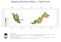 #3 Landkarte Malaysia: farbkodierte Topographie, schattiertes Relief, Staatsgrenzen und Hauptstadt