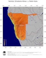 #5 Landkarte Namibia: farbkodierte Topographie, schattiertes Relief, Staatsgrenzen und Hauptstadt