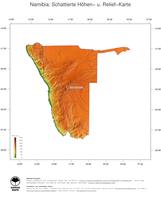 #3 Landkarte Namibia: farbkodierte Topographie, schattiertes Relief, Staatsgrenzen und Hauptstadt