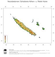 #3 Landkarte Neukaledonien: farbkodierte Topographie, schattiertes Relief, Staatsgrenzen und Hauptstadt