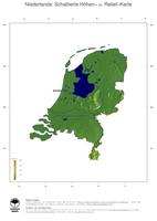 #3 Landkarte Niederlande: farbkodierte Topographie, schattiertes Relief, Staatsgrenzen und Hauptstadt