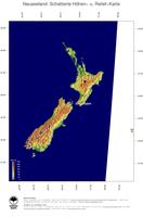 #5 Landkarte Neuseeland: farbkodierte Topographie, schattiertes Relief, Staatsgrenzen und Hauptstadt