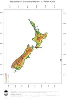 #3 Landkarte Neuseeland: farbkodierte Topographie, schattiertes Relief, Staatsgrenzen und Hauptstadt