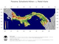 #5 Landkarte Panama: farbkodierte Topographie, schattiertes Relief, Staatsgrenzen und Hauptstadt