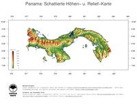 #3 Landkarte Panama: farbkodierte Topographie, schattiertes Relief, Staatsgrenzen und Hauptstadt