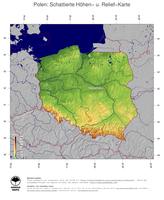 #5 Landkarte Polen: farbkodierte Topographie, schattiertes Relief, Staatsgrenzen und Hauptstadt