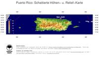 #5 Landkarte Puerto Rico: farbkodierte Topographie, schattiertes Relief, Staatsgrenzen und Hauptstadt