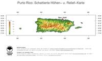 #3 Landkarte Puerto Rico: farbkodierte Topographie, schattiertes Relief, Staatsgrenzen und Hauptstadt