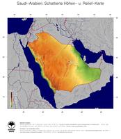 #5 Landkarte Saudi-Arabien: farbkodierte Topographie, schattiertes Relief, Staatsgrenzen und Hauptstadt