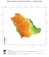 #3 Landkarte Saudi-Arabien: farbkodierte Topographie, schattiertes Relief, Staatsgrenzen und Hauptstadt