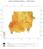 #3 Landkarte Sudan: farbkodierte Topographie, schattiertes Relief, Staatsgrenzen und Hauptstadt