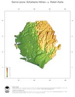 #3 Landkarte Sierra Leone: farbkodierte Topographie, schattiertes Relief, Staatsgrenzen und Hauptstadt