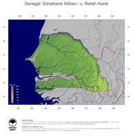 #5 Landkarte Senegal: farbkodierte Topographie, schattiertes Relief, Staatsgrenzen und Hauptstadt