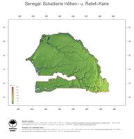 #3 Landkarte Senegal: farbkodierte Topographie, schattiertes Relief, Staatsgrenzen und Hauptstadt