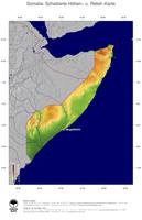 #5 Landkarte Somalia: farbkodierte Topographie, schattiertes Relief, Staatsgrenzen und Hauptstadt