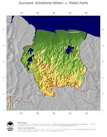 #5 Landkarte Suriname: farbkodierte Topographie, schattiertes Relief, Staatsgrenzen und Hauptstadt