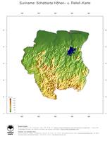 #3 Landkarte Suriname: farbkodierte Topographie, schattiertes Relief, Staatsgrenzen und Hauptstadt