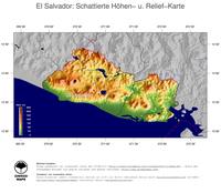 #5 Landkarte El Salvador: farbkodierte Topographie, schattiertes Relief, Staatsgrenzen und Hauptstadt