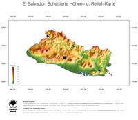#3 Landkarte El Salvador: farbkodierte Topographie, schattiertes Relief, Staatsgrenzen und Hauptstadt