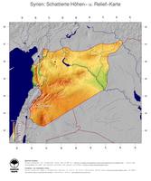 #5 Landkarte Syrien: farbkodierte Topographie, schattiertes Relief, Staatsgrenzen und Hauptstadt