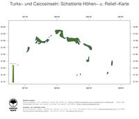 #3 Landkarte Turks- und Caicosinseln: farbkodierte Topographie, schattiertes Relief, Staatsgrenzen und Hauptstadt