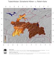 #5 Landkarte Tadschikistan: farbkodierte Topographie, schattiertes Relief, Staatsgrenzen und Hauptstadt
