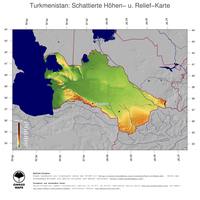 #5 Landkarte Turkmenistan: farbkodierte Topographie, schattiertes Relief, Staatsgrenzen und Hauptstadt
