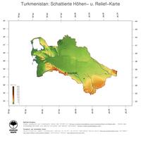 #3 Landkarte Turkmenistan: farbkodierte Topographie, schattiertes Relief, Staatsgrenzen und Hauptstadt