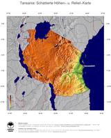 #5 Landkarte Tansania: farbkodierte Topographie, schattiertes Relief, Staatsgrenzen und Hauptstadt