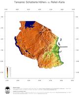 #3 Landkarte Tansania: farbkodierte Topographie, schattiertes Relief, Staatsgrenzen und Hauptstadt