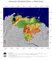 #5 Landkarte Venezuela: farbkodierte Topographie, schattiertes Relief, Staatsgrenzen und Hauptstadt