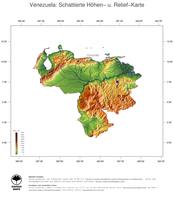 #3 Landkarte Venezuela: farbkodierte Topographie, schattiertes Relief, Staatsgrenzen und Hauptstadt