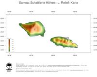 #3 Landkarte Samoa: farbkodierte Topographie, schattiertes Relief, Staatsgrenzen und Hauptstadt