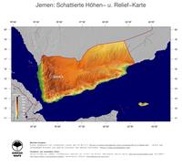 #5 Landkarte Jemen: farbkodierte Topographie, schattiertes Relief, Staatsgrenzen und Hauptstadt
