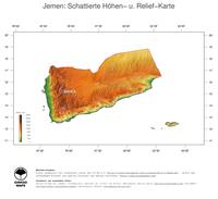 #3 Landkarte Jemen: farbkodierte Topographie, schattiertes Relief, Staatsgrenzen und Hauptstadt