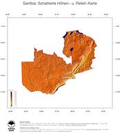 #3 Landkarte Sambia: farbkodierte Topographie, schattiertes Relief, Staatsgrenzen und Hauptstadt