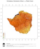 #3 Landkarte Simbabwe: farbkodierte Topographie, schattiertes Relief, Staatsgrenzen und Hauptstadt