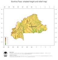 #3 Map Burkina Faso: color-coded topography, shaded relief, country borders and capital