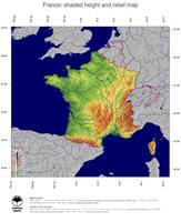 #5 Map France: color-coded topography, shaded relief, country borders and capital