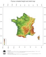 #3 Map France: color-coded topography, shaded relief, country borders and capital