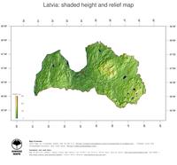 #3 Map Latvia: color-coded topography, shaded relief, country borders and capital