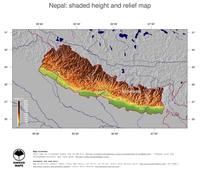 #5 Map Nepal: color-coded topography, shaded relief, country borders and capital