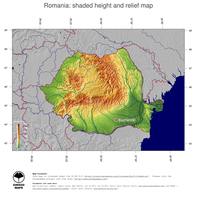 #5 Map Romania: color-coded topography, shaded relief, country borders and capital