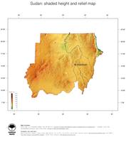 #3 Map Sudan: color-coded topography, shaded relief, country borders and capital