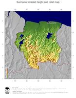 #5 Map Suriname: color-coded topography, shaded relief, country borders and capital