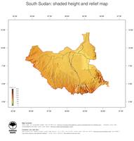 #3 Map South Sudan: color-coded topography, shaded relief, country borders and capital