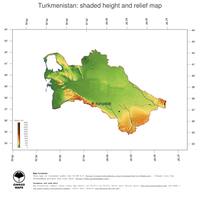 #3 Map Turkmenistan: color-coded topography, shaded relief, country borders and capital